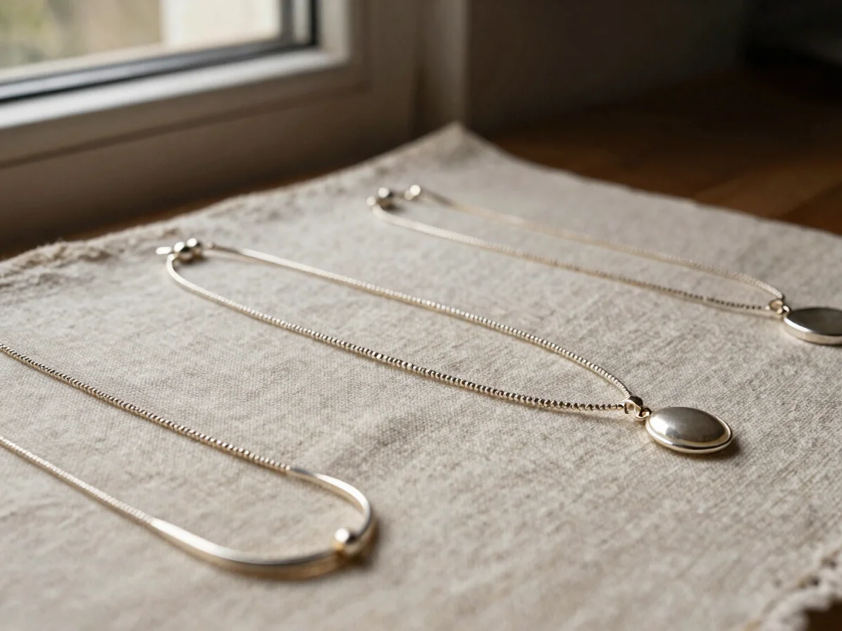 Close-up flat-lay of silver necklaces on coarse off-white linen, soft directional window light, 50mm lens