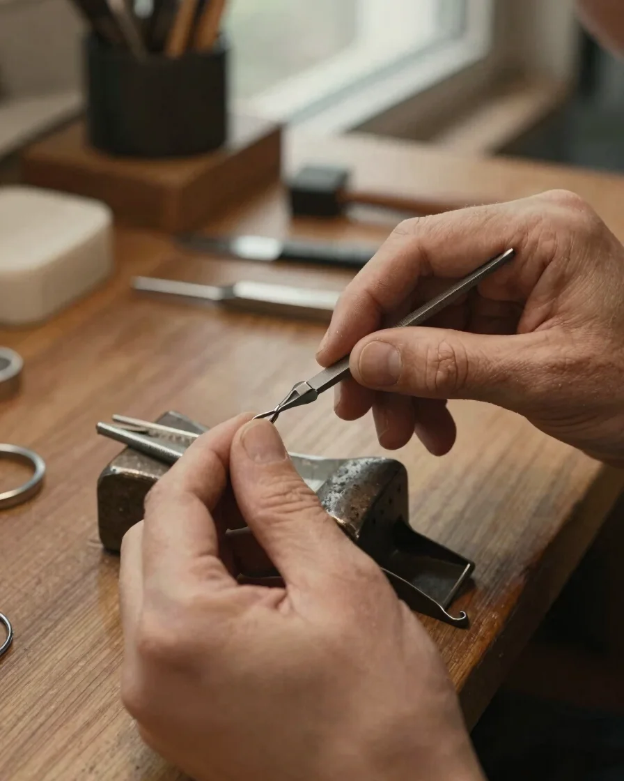 Close-up of a jeweller hands at the wooden bench using hand files