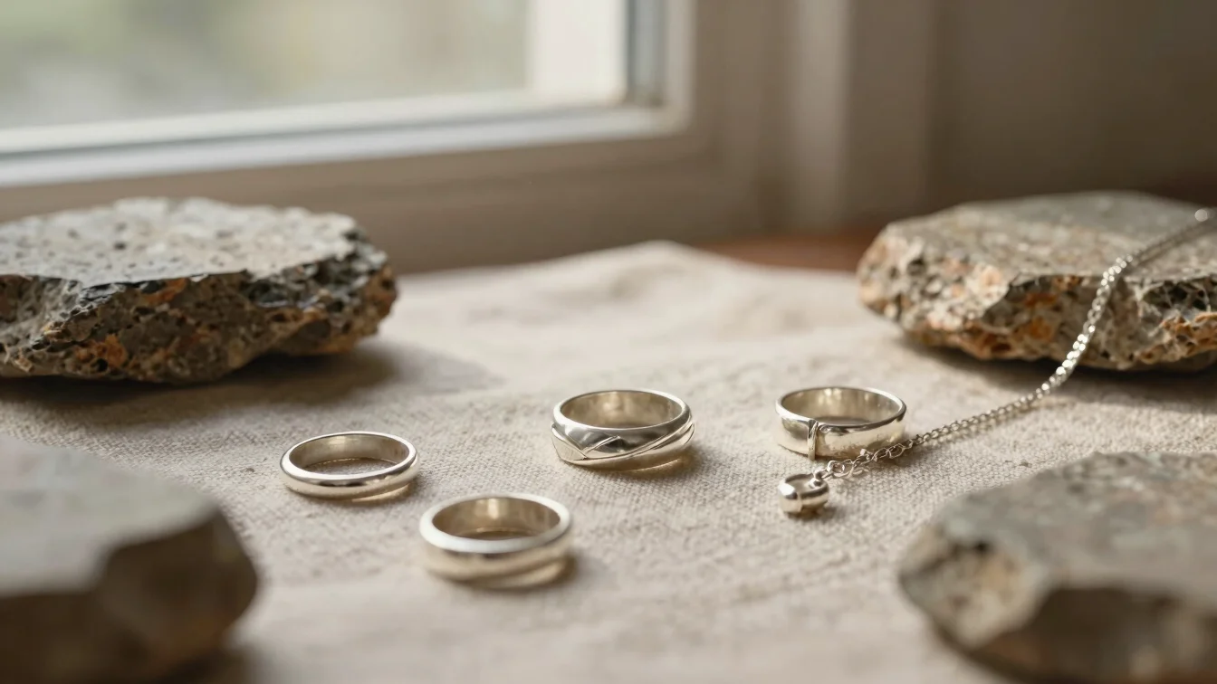 Close-focus flat-lay of finished silver rings and necklaces resting on raw stone and coarse linen, warm side-lit natural