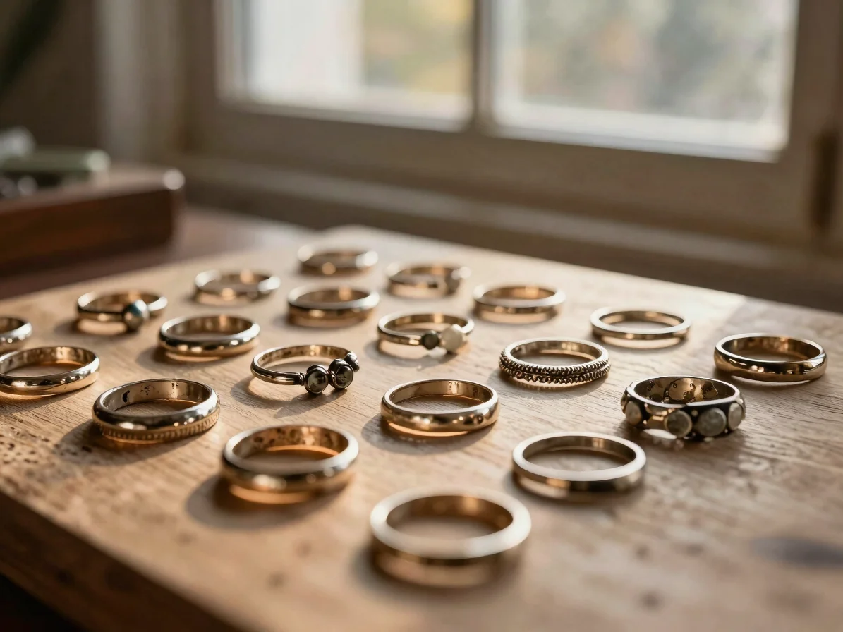 Close-focus flat-lay of finished rings on raw stone under warm side-lit natural window light, 50mm lens